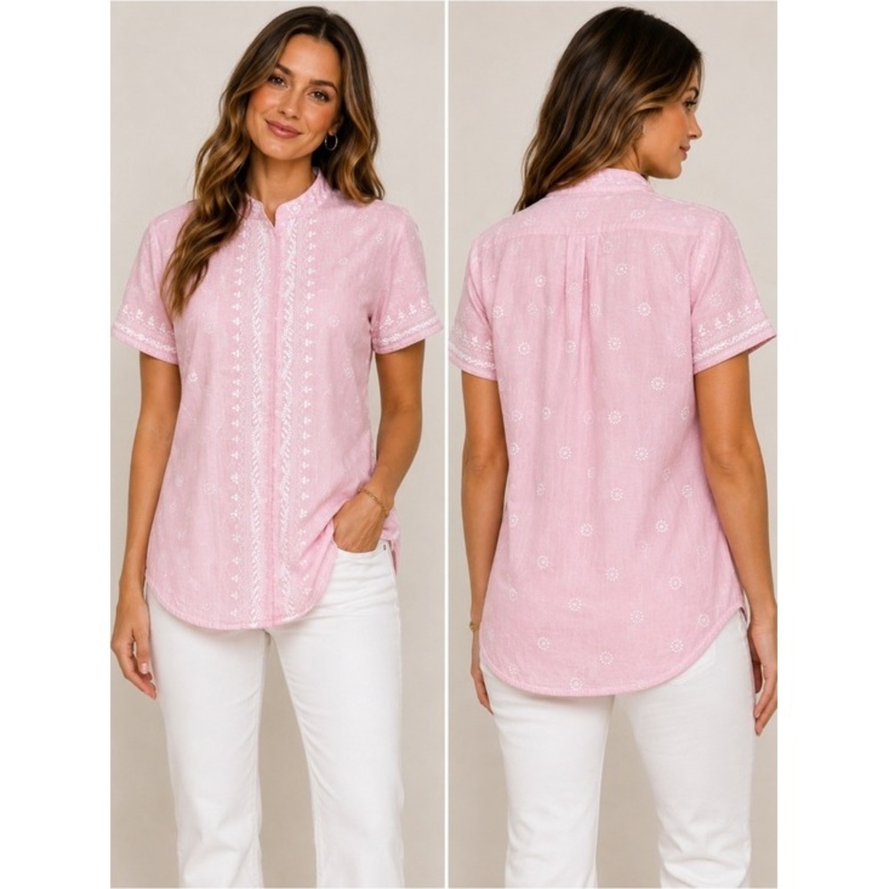 DENIM & CO! Pink & White cotton shirt /white embroidery on shirt & sleev…